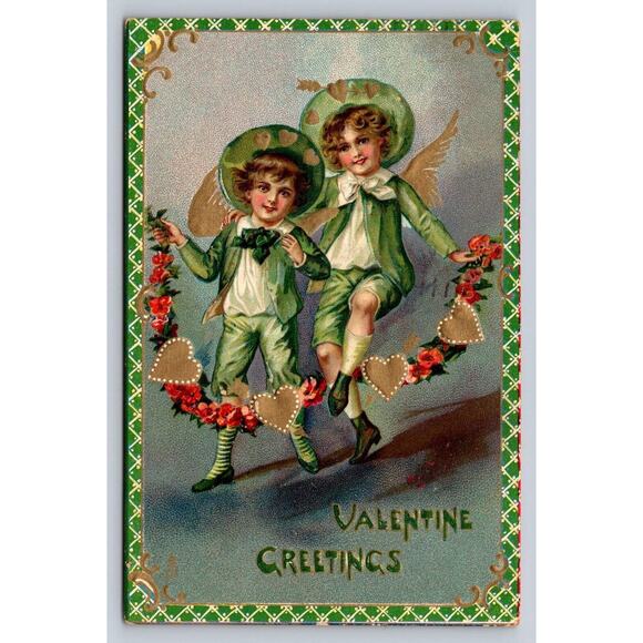 1912 Tuck's Irish Valentine Postcard Cupid Children Boys Floral Heart Jump Rope - Picture 1 of 2
